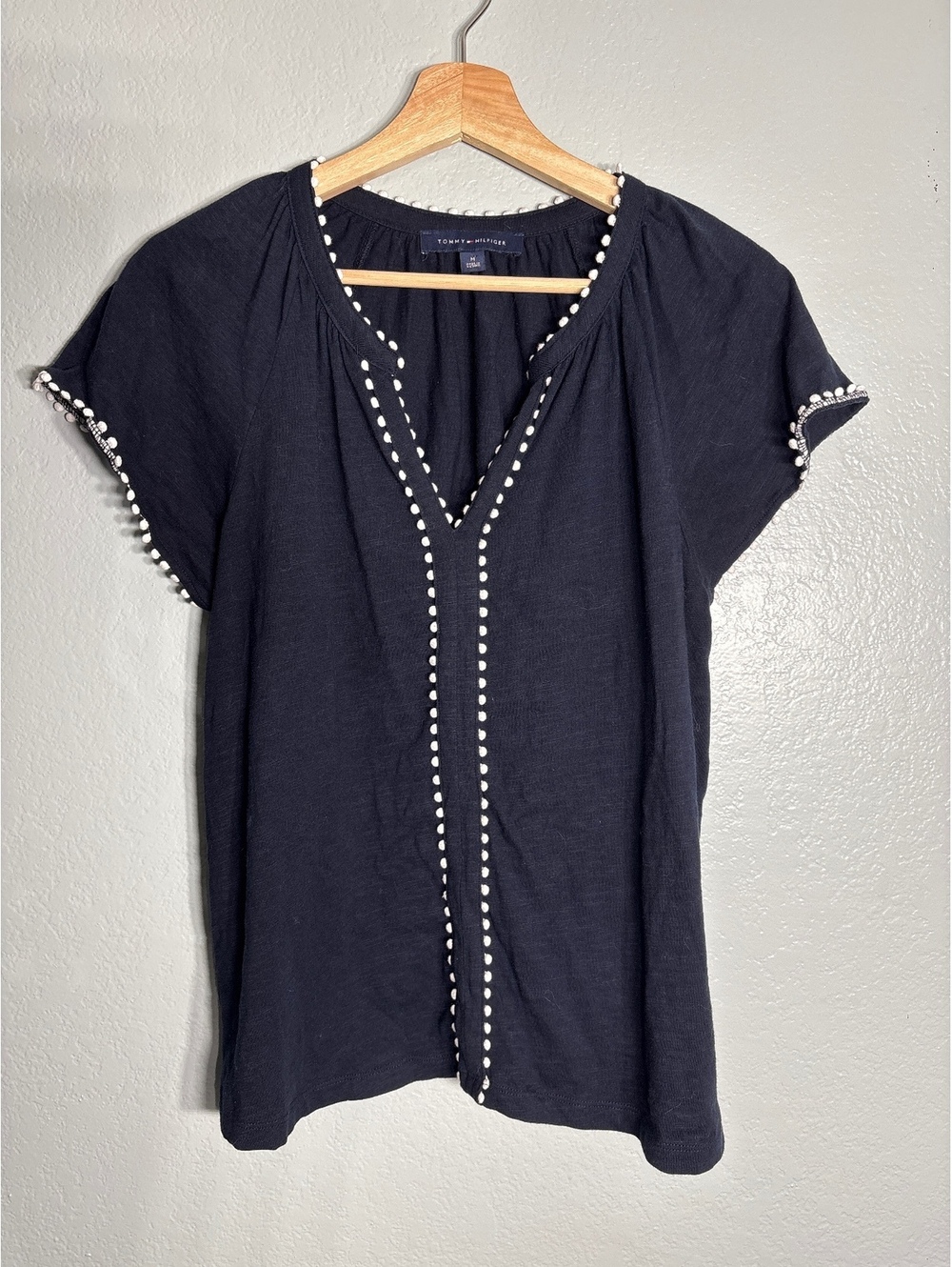 Tommy Hilfiger nautical pom Pom trim shirt boho medium navy coastal
